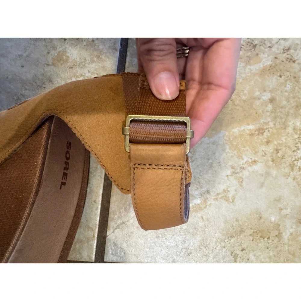 Sorel Joanie II Ankle Strap Wedge Sandals Tan Leather Scalloped Sole Women